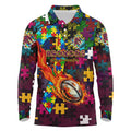 Broncos Autism Awareness Long Sleeve Polo Shirt Puzzle Flames Rugby Ball
