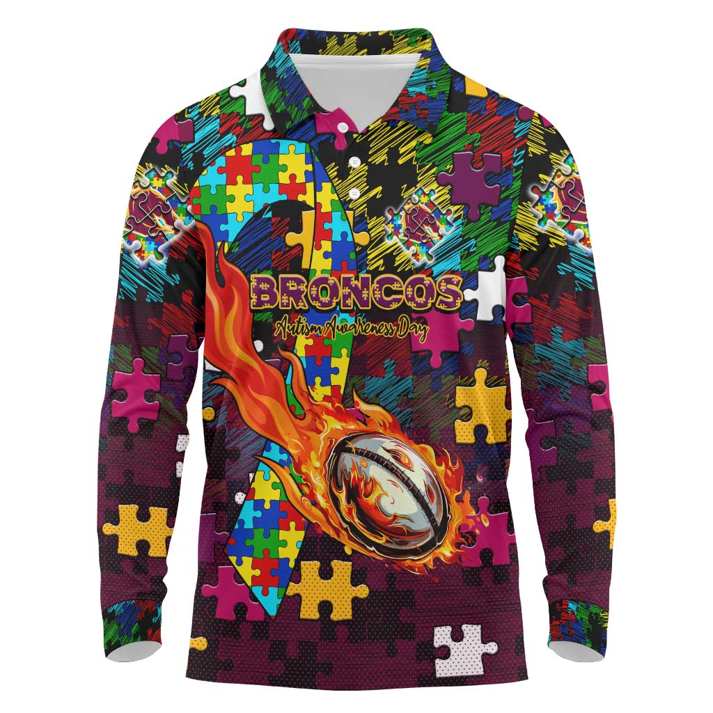 Broncos Autism Awareness Long Sleeve Polo Shirt Puzzle Flames Rugby Ball