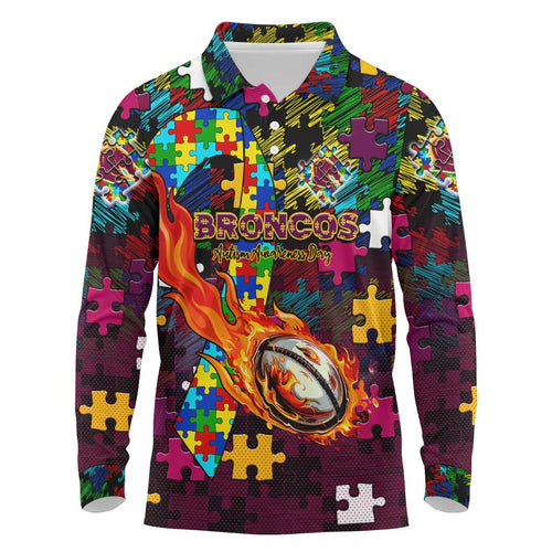 Broncos Autism Awareness Long Sleeve Polo Shirt Puzzle Flames Rugby Ball