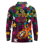 Broncos Autism Awareness Long Sleeve Polo Shirt Puzzle Flames Rugby Ball