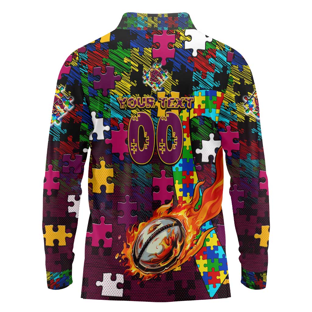 Broncos Autism Awareness Long Sleeve Polo Shirt Puzzle Flames Rugby Ball