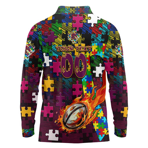 Broncos Autism Awareness Long Sleeve Polo Shirt Puzzle Flames Rugby Ball