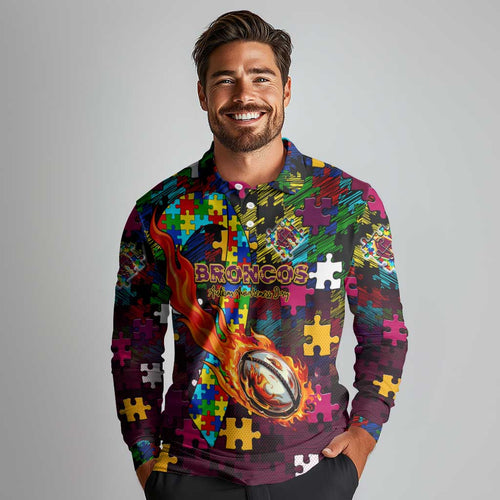 Broncos Autism Awareness Long Sleeve Polo Shirt Puzzle Flames Rugby Ball
