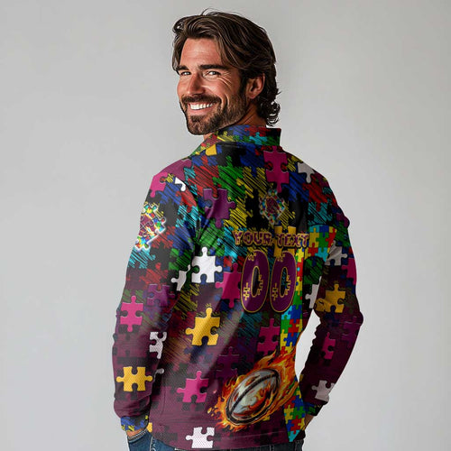 Broncos Autism Awareness Long Sleeve Polo Shirt Puzzle Flames Rugby Ball