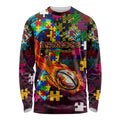 Broncos Autism Awareness Long Sleeve Shirt Puzzle Flames Rugby Ball