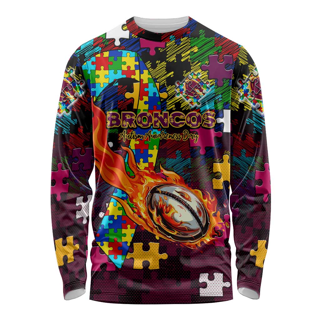 Broncos Autism Awareness Long Sleeve Shirt Puzzle Flames Rugby Ball