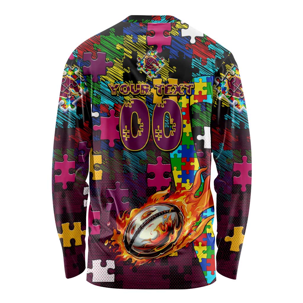 Broncos Autism Awareness Long Sleeve Shirt Puzzle Flames Rugby Ball