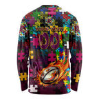 Broncos Autism Awareness Long Sleeve Shirt Puzzle Flames Rugby Ball