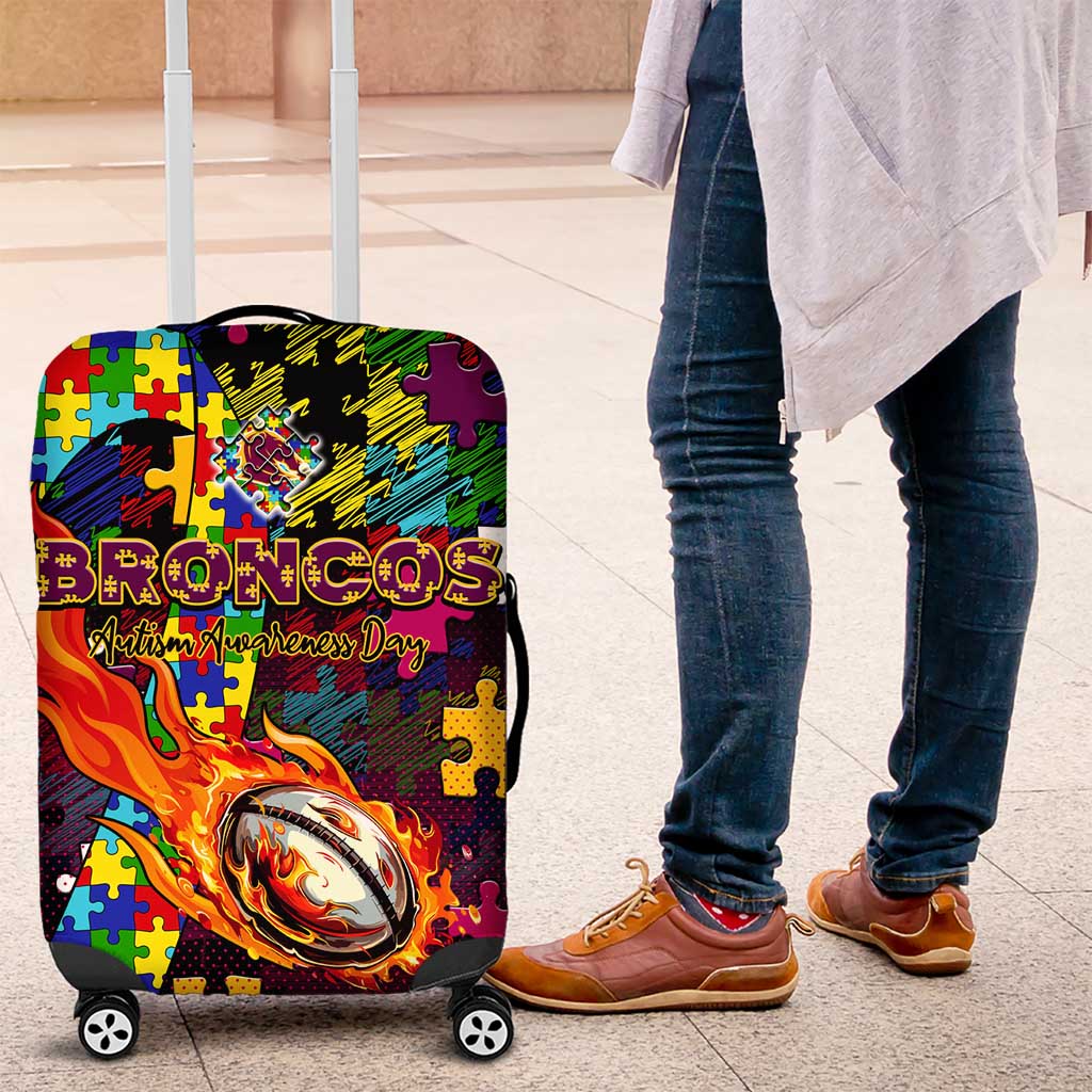 Broncos Autism Awareness Luggage Cover Puzzle Flames Rugby Ball