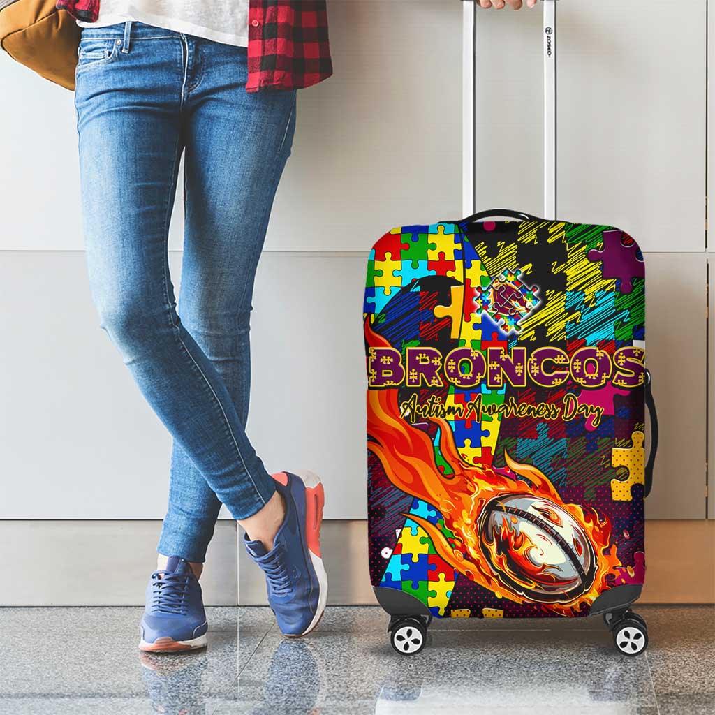 Broncos Autism Awareness Luggage Cover Puzzle Flames Rugby Ball