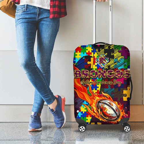Broncos Autism Awareness Luggage Cover Puzzle Flames Rugby Ball