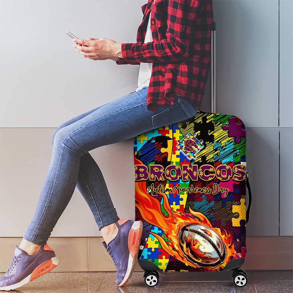 Broncos Autism Awareness Luggage Cover Puzzle Flames Rugby Ball