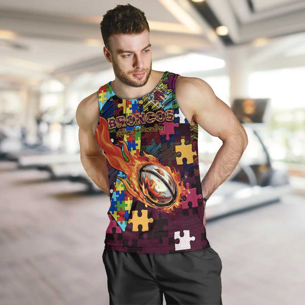 Broncos Autism Awareness Men Tank Top Puzzle Flames Rugby Ball