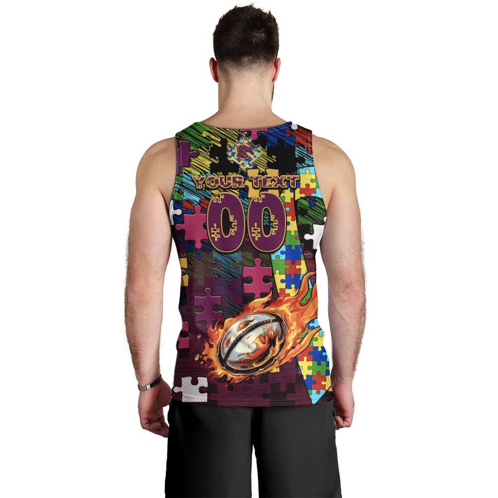 Broncos Autism Awareness Men Tank Top Puzzle Flames Rugby Ball