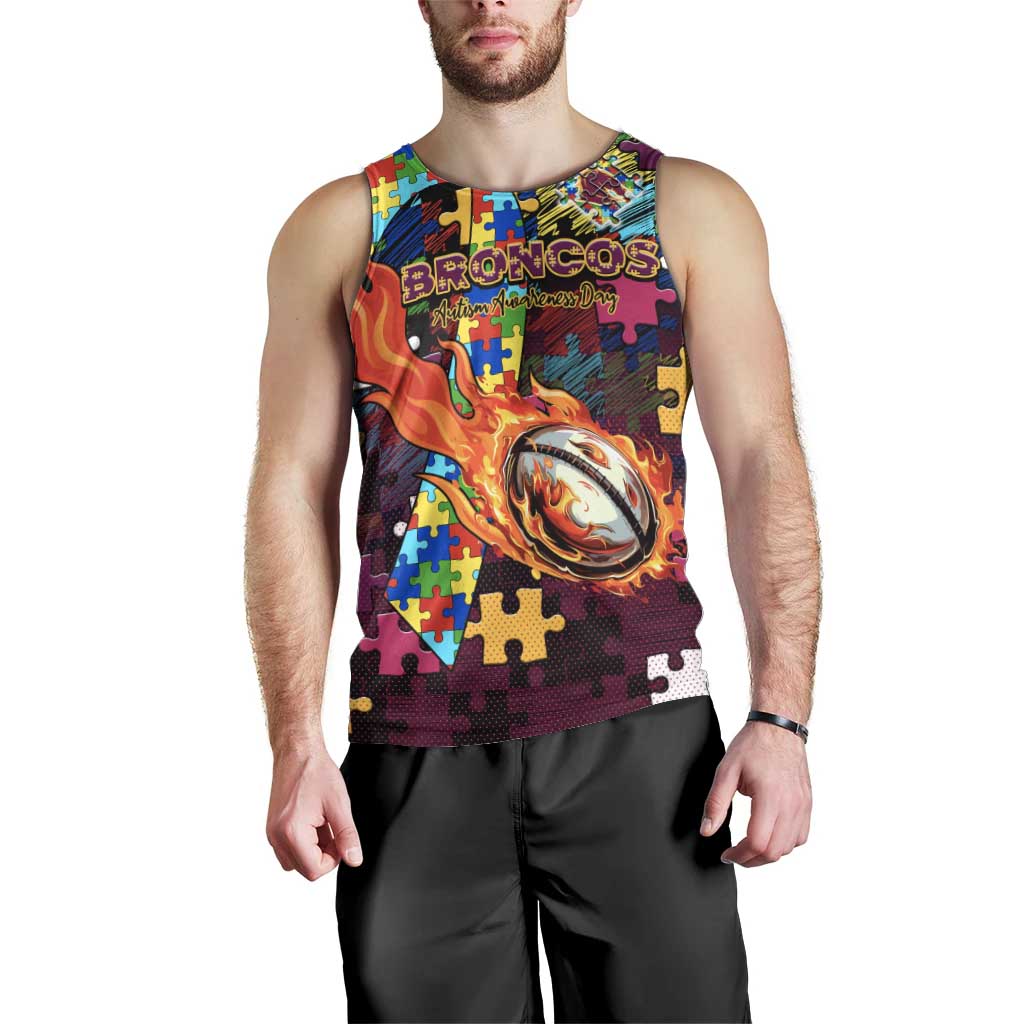Broncos Autism Awareness Men Tank Top Puzzle Flames Rugby Ball