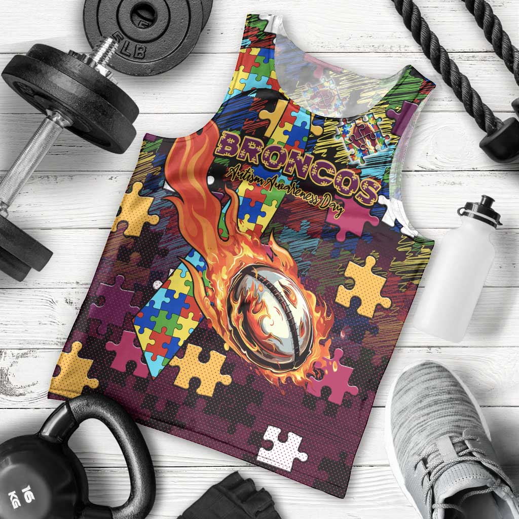 Broncos Autism Awareness Men Tank Top Puzzle Flames Rugby Ball