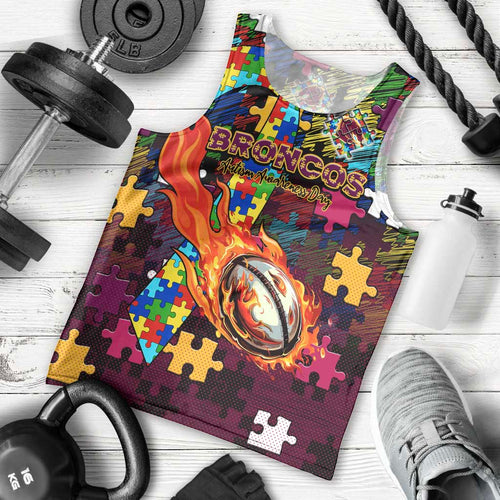 Broncos Autism Awareness Men Tank Top Puzzle Flames Rugby Ball