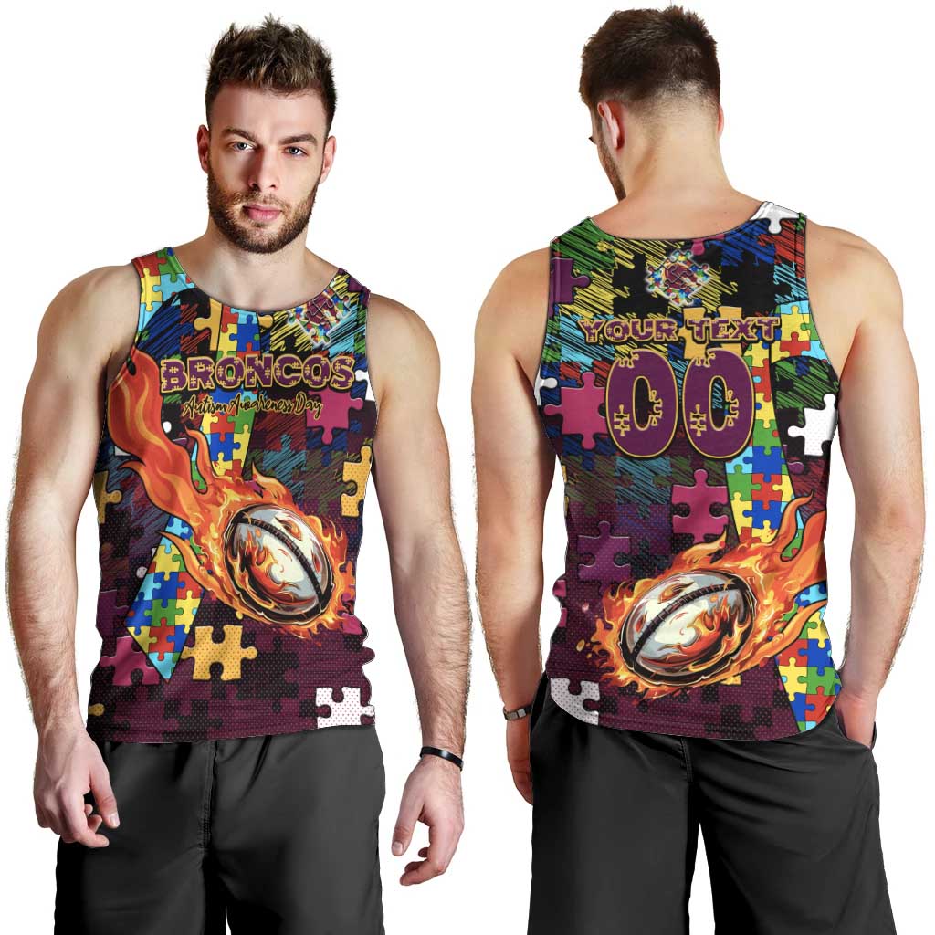 Broncos Autism Awareness Men Tank Top Puzzle Flames Rugby Ball