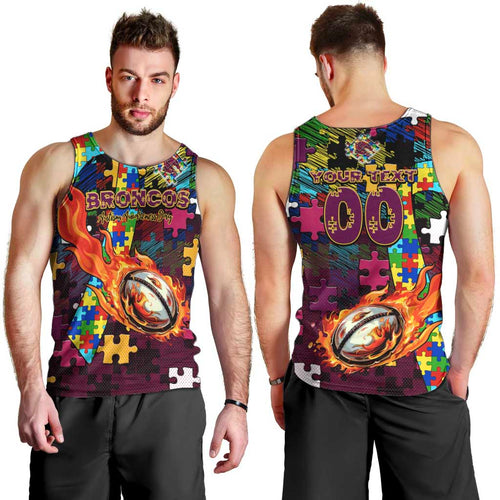 Broncos Autism Awareness Men Tank Top Puzzle Flames Rugby Ball