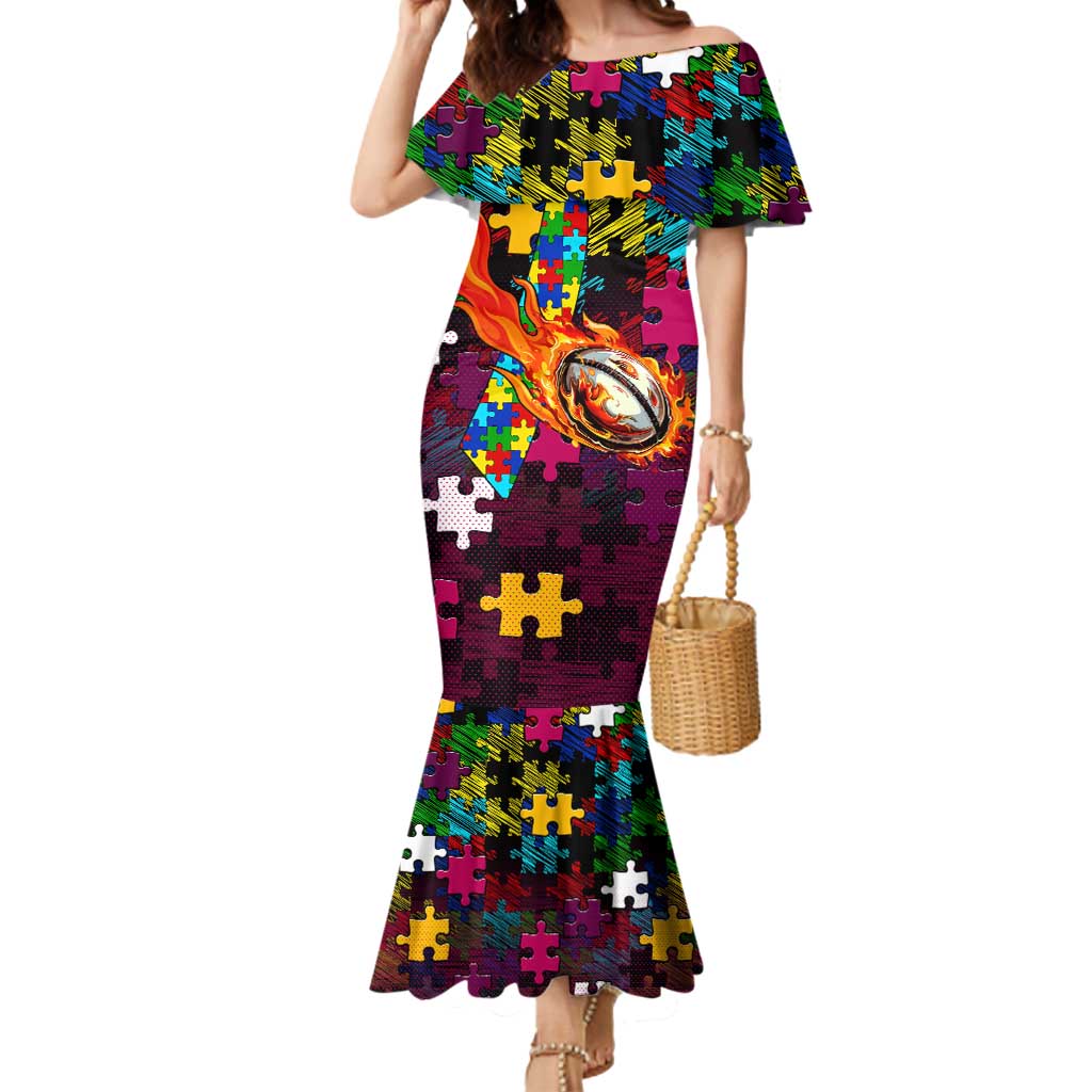 Broncos Autism Awareness Mermaid Dress Puzzle Flames Rugby Ball