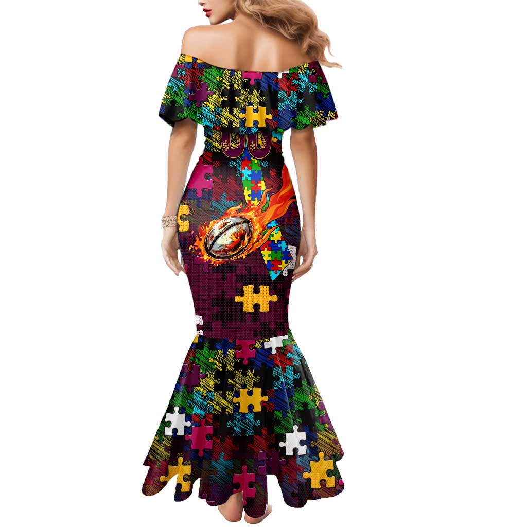 Broncos Autism Awareness Mermaid Dress Puzzle Flames Rugby Ball
