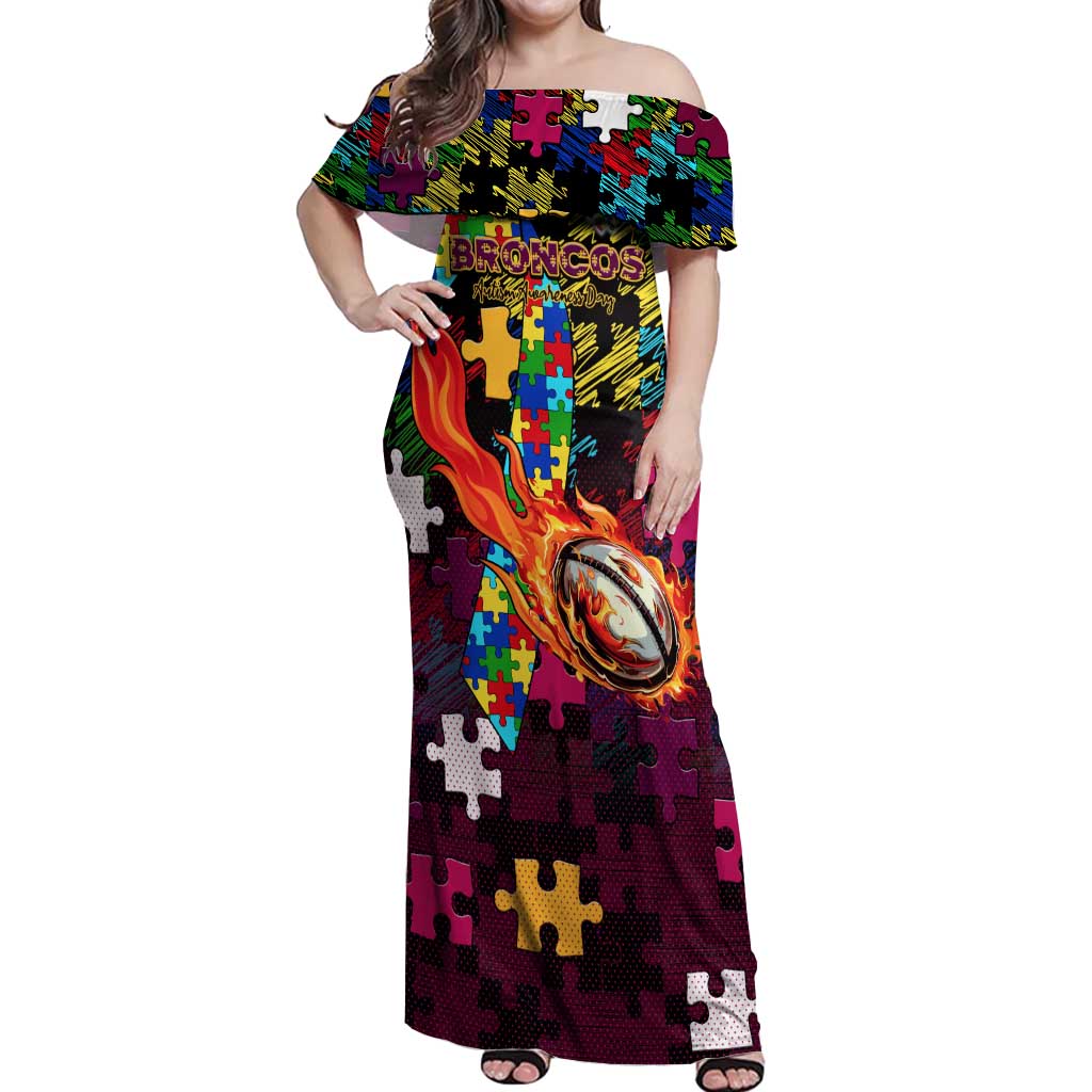 Broncos Autism Awareness Off Shoulder Maxi Dress Puzzle Flames Rugby Ball