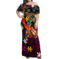 Broncos Autism Awareness Off Shoulder Maxi Dress Puzzle Flames Rugby Ball