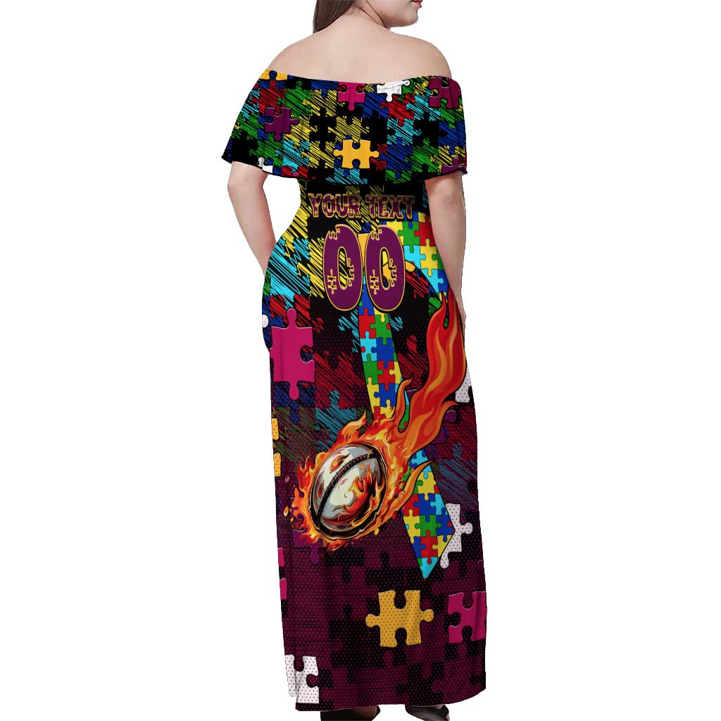 Broncos Autism Awareness Off Shoulder Maxi Dress Puzzle Flames Rugby Ball