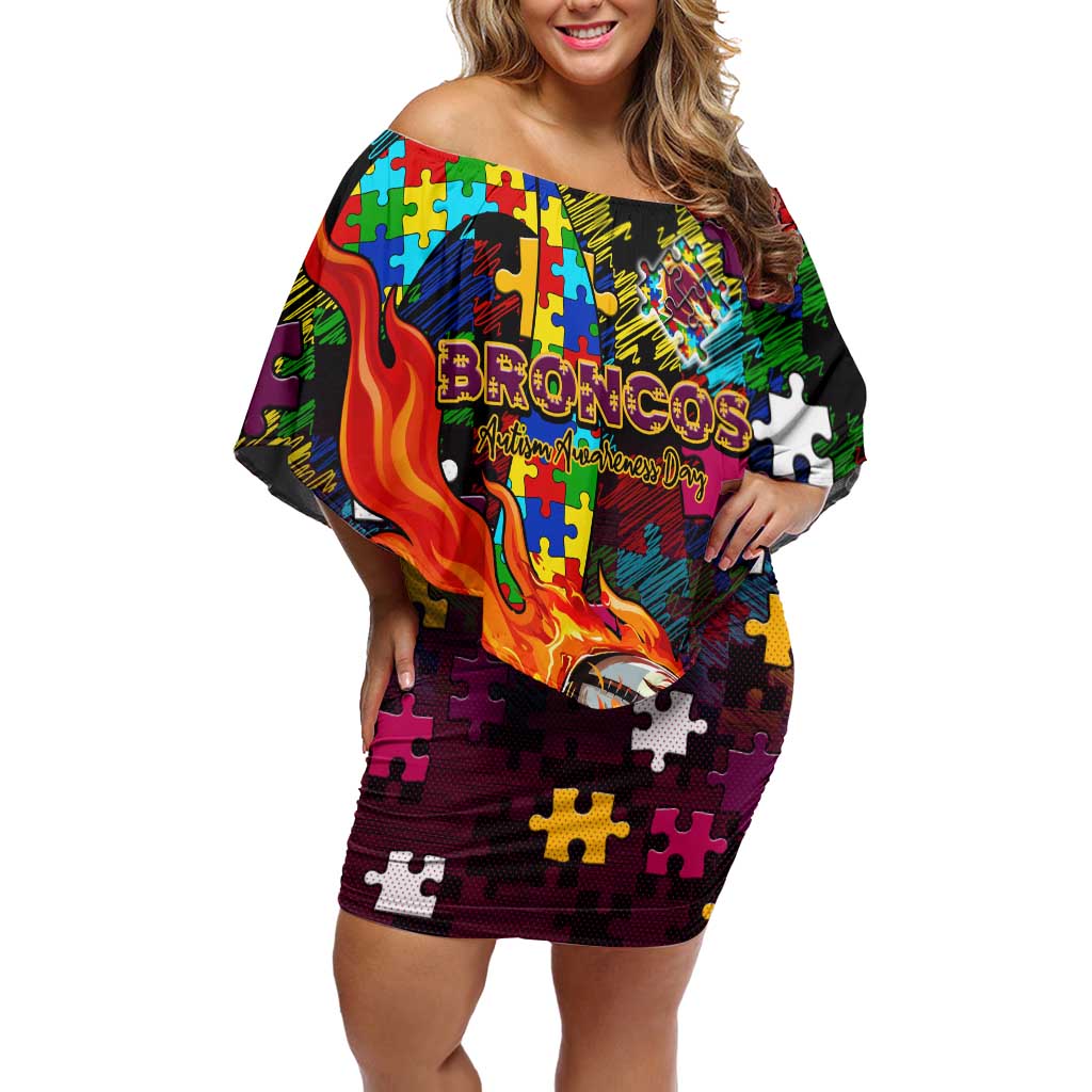 Broncos Autism Awareness Off Shoulder Short Dress Puzzle Flames Rugby Ball