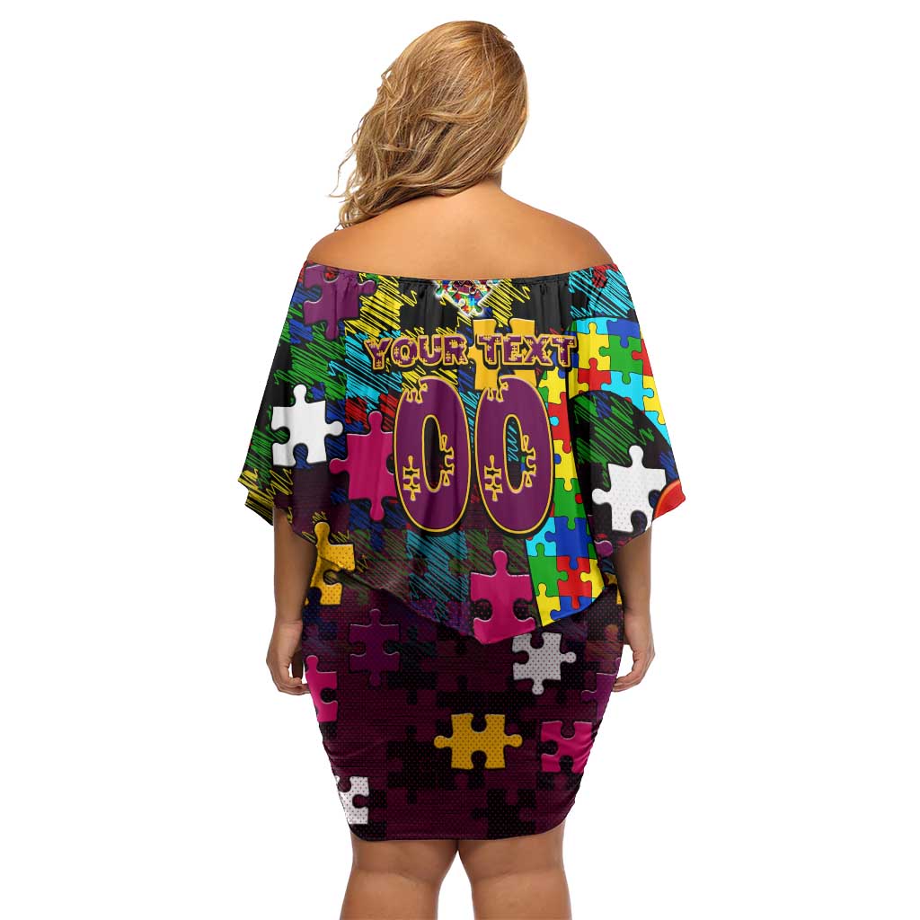 Broncos Autism Awareness Off Shoulder Short Dress Puzzle Flames Rugby Ball