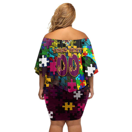 Broncos Autism Awareness Off Shoulder Short Dress Puzzle Flames Rugby Ball