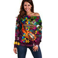 Broncos Autism Awareness Off Shoulder Sweater Puzzle Flames Rugby Ball