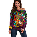 Broncos Autism Awareness Off Shoulder Sweater Puzzle Flames Rugby Ball
