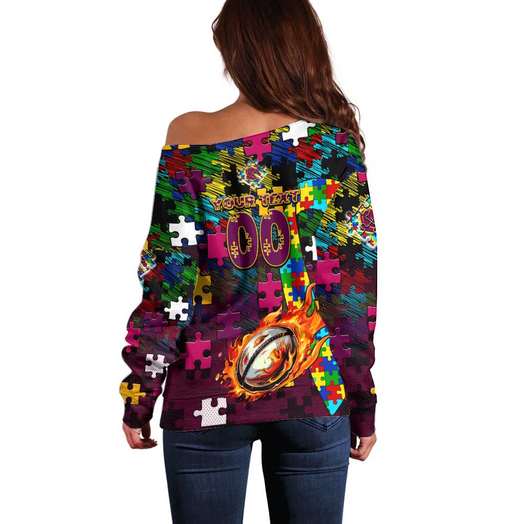 Broncos Autism Awareness Off Shoulder Sweater Puzzle Flames Rugby Ball