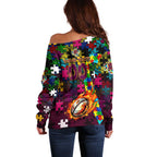 Broncos Autism Awareness Off Shoulder Sweater Puzzle Flames Rugby Ball