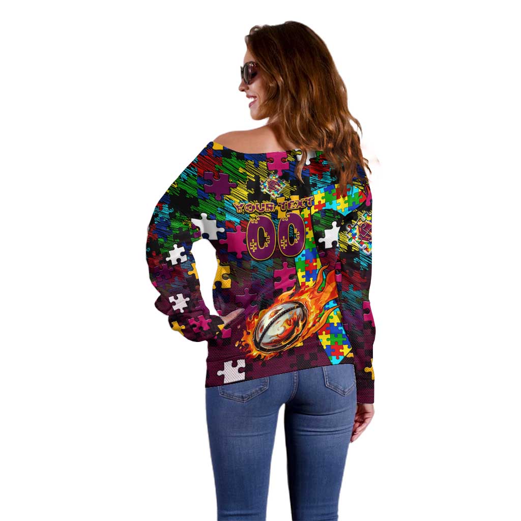 Broncos Autism Awareness Off Shoulder Sweater Puzzle Flames Rugby Ball