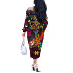 Broncos Autism Awareness Off The Shoulder Long Sleeve Dress Puzzle Flames Rugby Ball