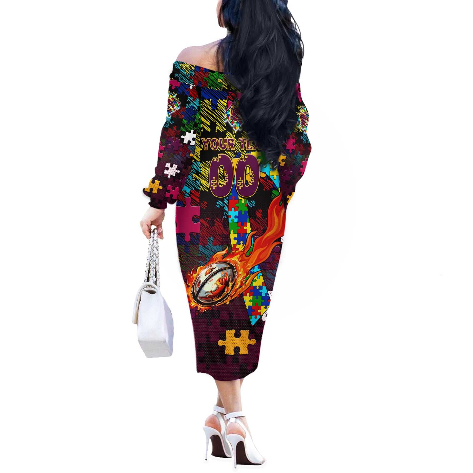Broncos Autism Awareness Off The Shoulder Long Sleeve Dress Puzzle Flames Rugby Ball