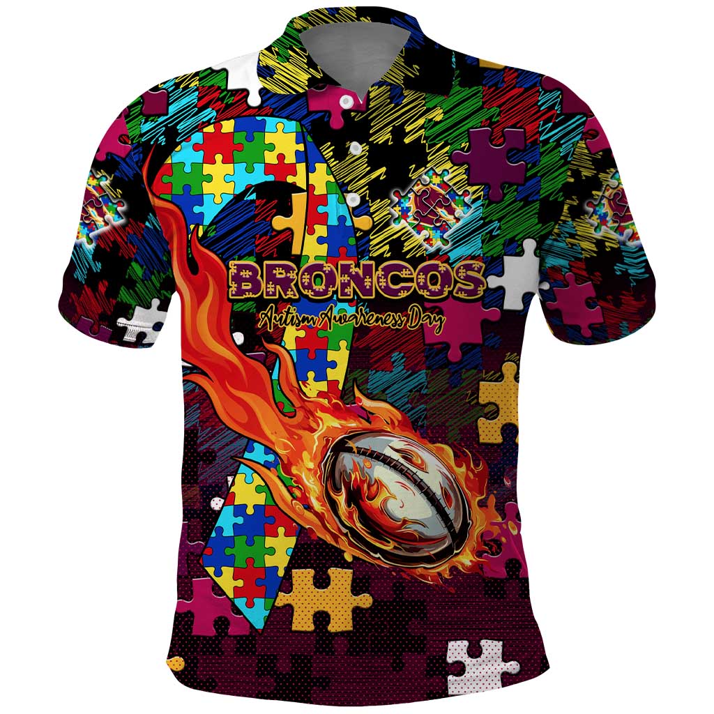 Broncos Autism Awareness Polo Shirt Puzzle Flames Rugby Ball
