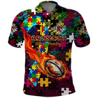Broncos Autism Awareness Polo Shirt Puzzle Flames Rugby Ball