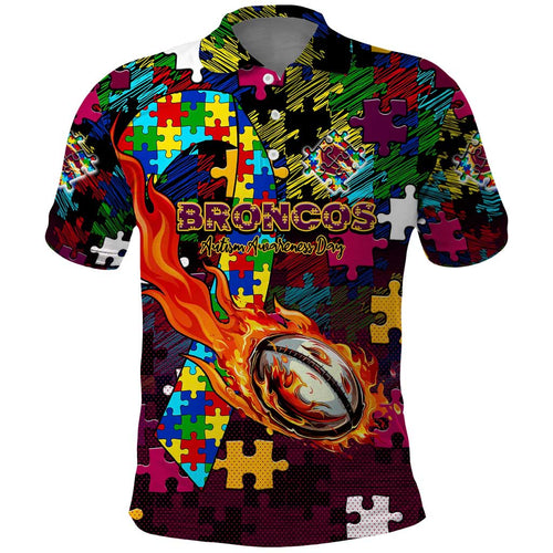 Broncos Autism Awareness Polo Shirt Puzzle Flames Rugby Ball