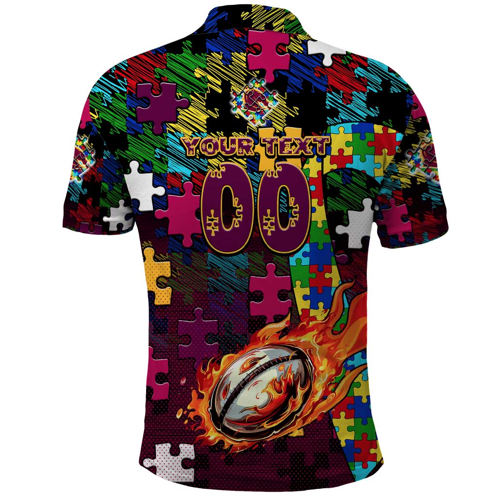 Broncos Autism Awareness Polo Shirt Puzzle Flames Rugby Ball