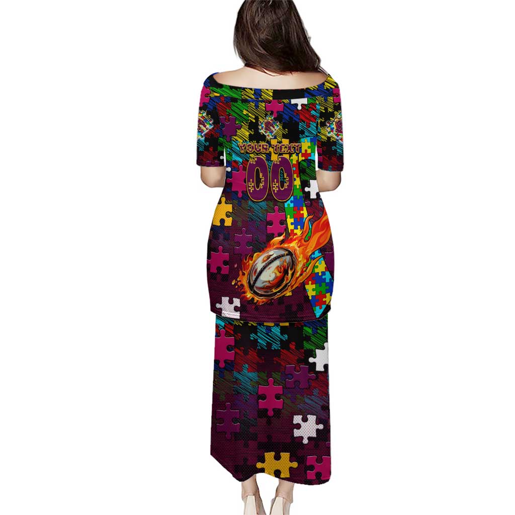 Broncos Autism Awareness Puletasi Puzzle Flames Rugby Ball