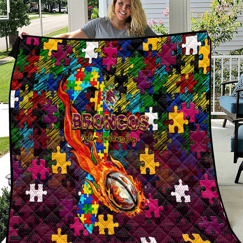 Broncos Autism Awareness Quilt Puzzle Flames Rugby Ball
