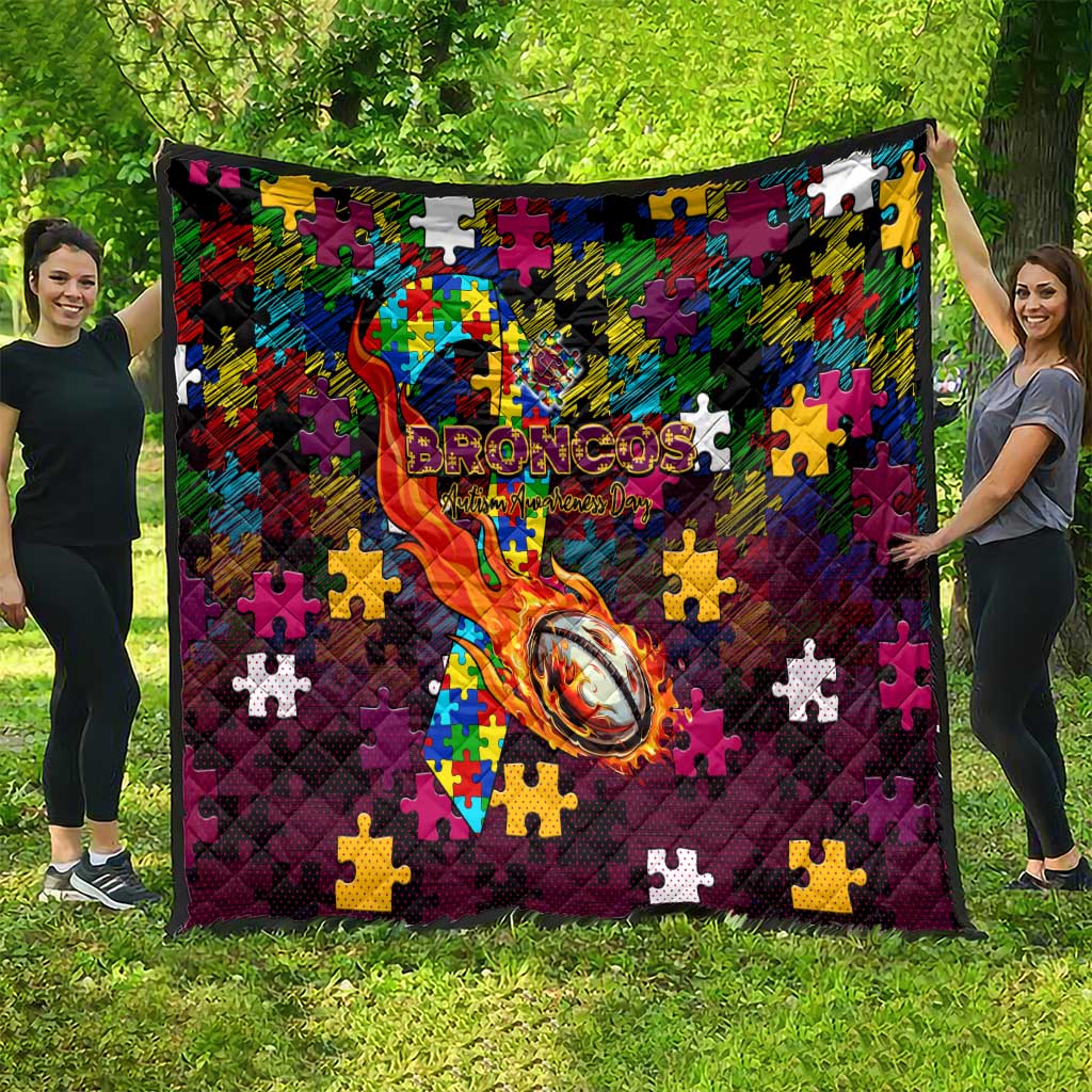 Broncos Autism Awareness Quilt Puzzle Flames Rugby Ball