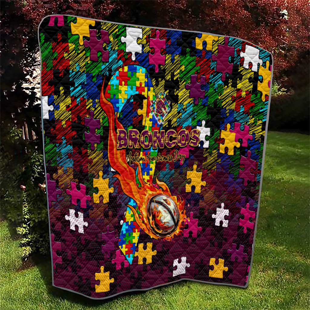 Broncos Autism Awareness Quilt Puzzle Flames Rugby Ball