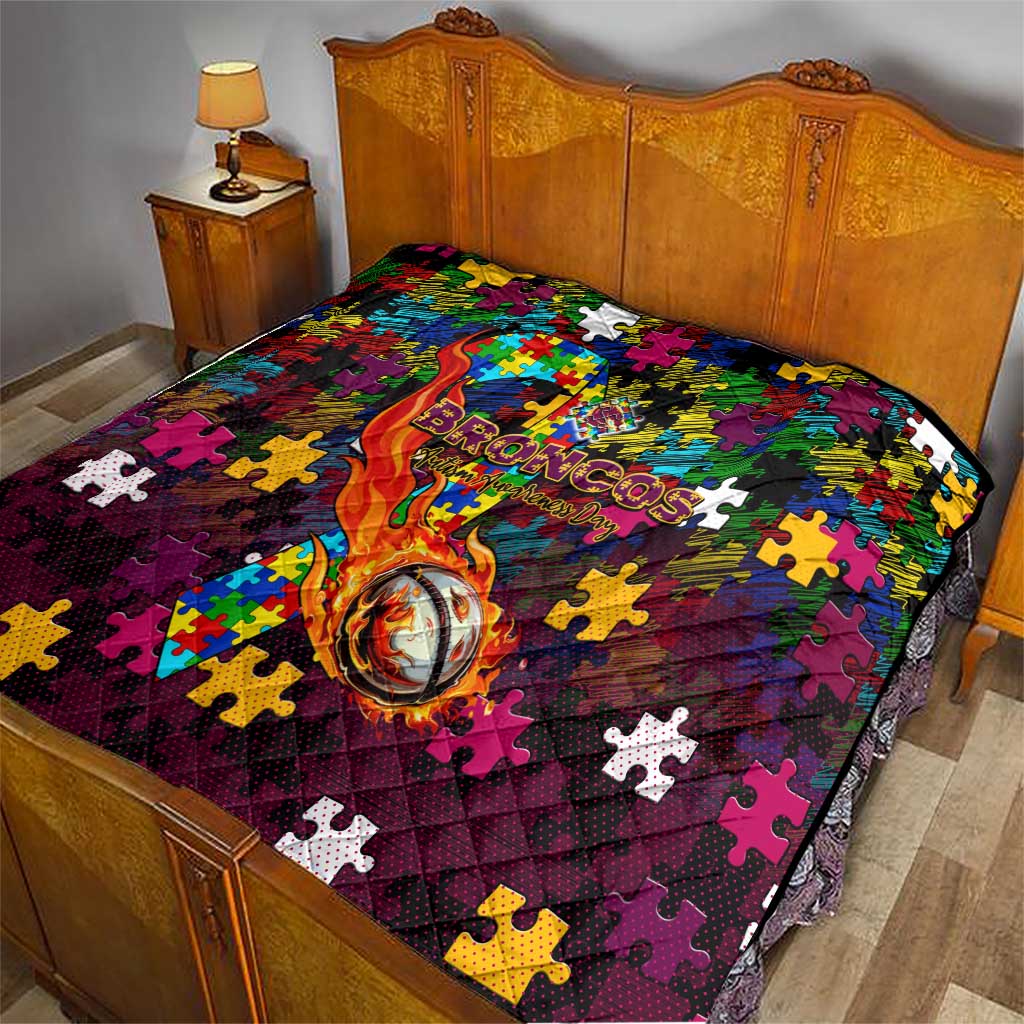 Broncos Autism Awareness Quilt Puzzle Flames Rugby Ball