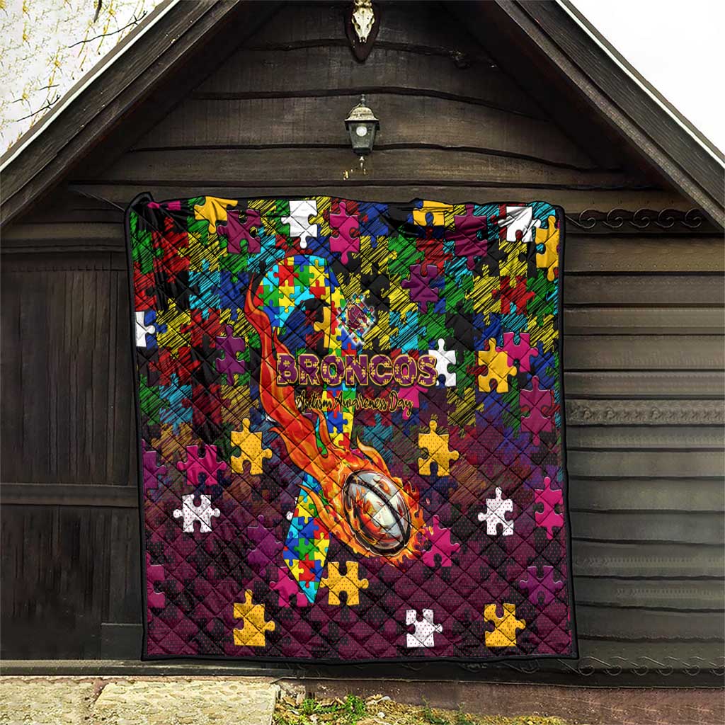 Broncos Autism Awareness Quilt Puzzle Flames Rugby Ball