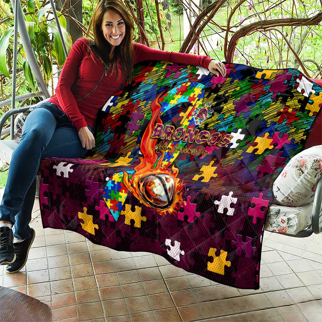 Broncos Autism Awareness Quilt Puzzle Flames Rugby Ball