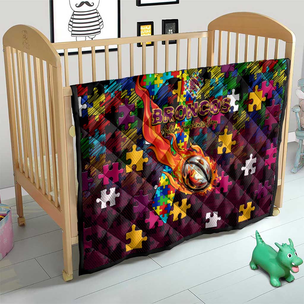 Broncos Autism Awareness Quilt Puzzle Flames Rugby Ball